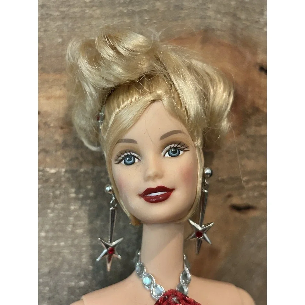Holiday Celebration Barbie Doll Red Gown Metallic Star Dress Blonde Updo Vintage
